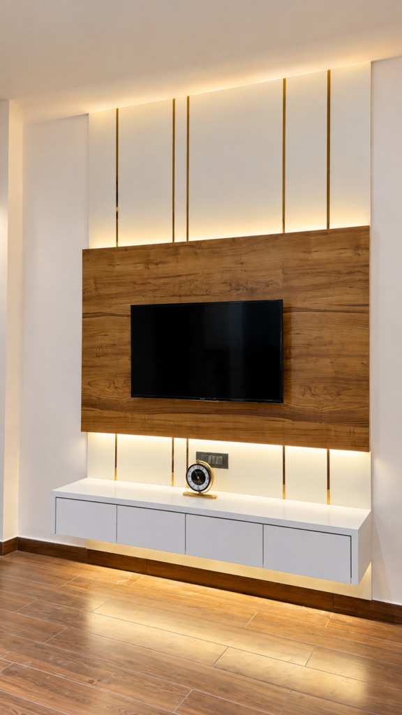 Living room with wood TV panel backlit wall, Telibagh, Lucknow