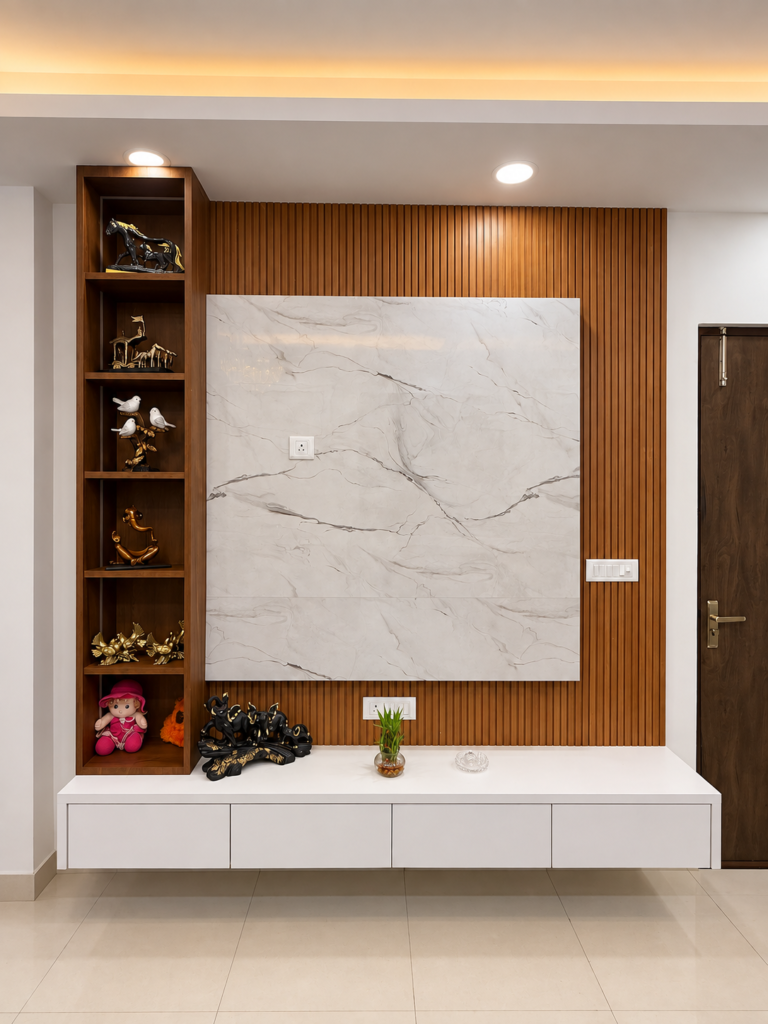 Living room with wood TV panel display shelves, Bijnor, Lucknow