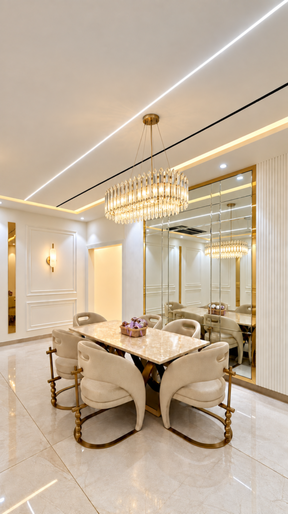 Luxury dining room with gold trim mirror, Sarojini Nagar, Lucknow