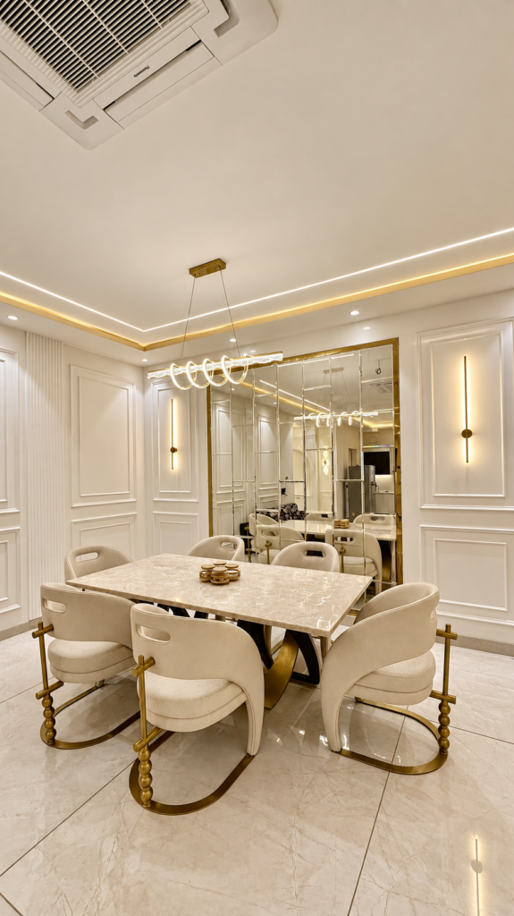 Luxury dining room with marble table mirror wall, Sarojini Nagar, Lucknow