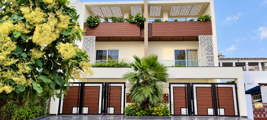 Modern house with exterior wood finish balcony decorative screens, Hind Nagar, Kanpur Road, Lucknow