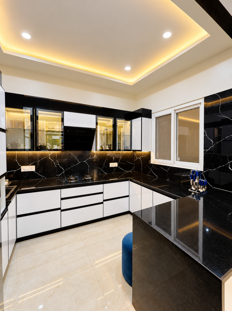 Modular kitchen with black backsplash glass cabinets, Hind Nagar, Kanpur Road, Lucknow