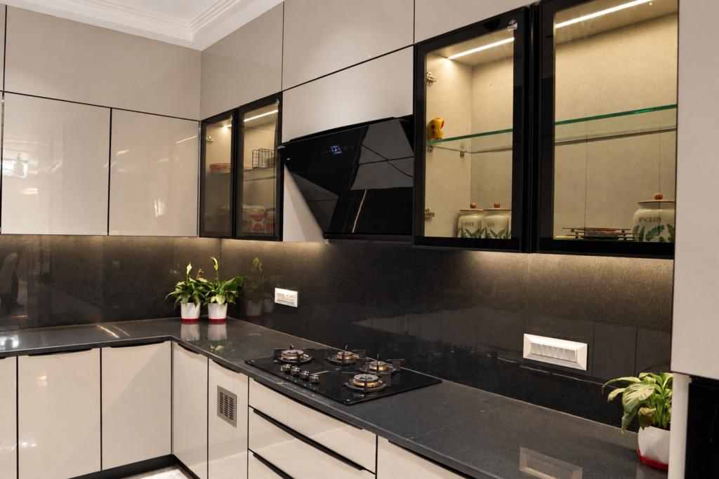 Modular kitchen with black countertop, near CCS International Airport, Lucknow