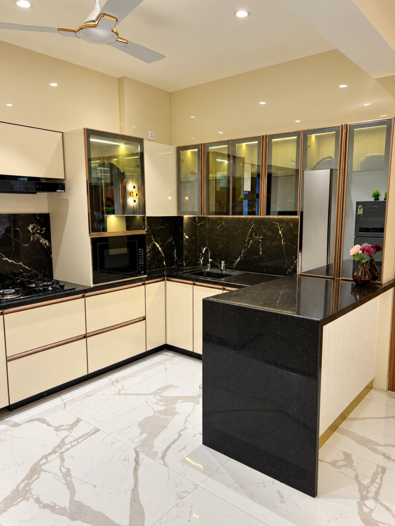 Modular kitchen with black countertop glass cabinets, Vrindavan Yojna, Lucknow