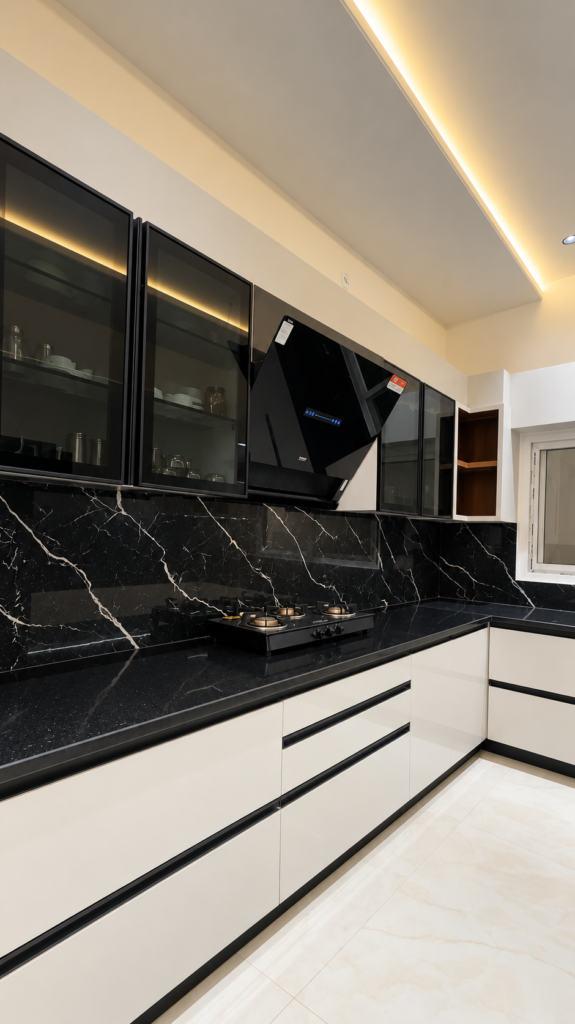 Modular kitchen with black glass cabinets, Telibagh, Lucknow