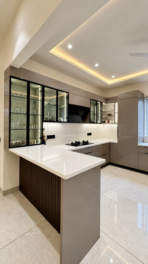 Modular kitchen with breakfast counter glass cabinets, Sarojini Nagar, Lucknow