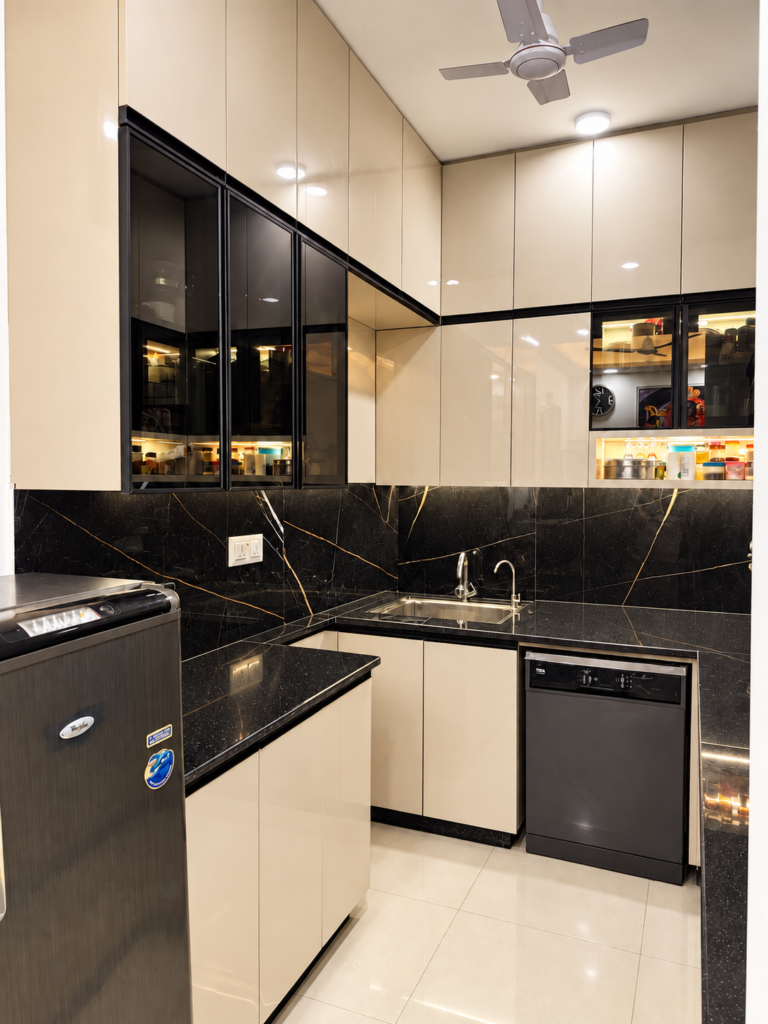 Modular kitchen with cream cabinets black backsplash sink, Bijnor, Lucknow