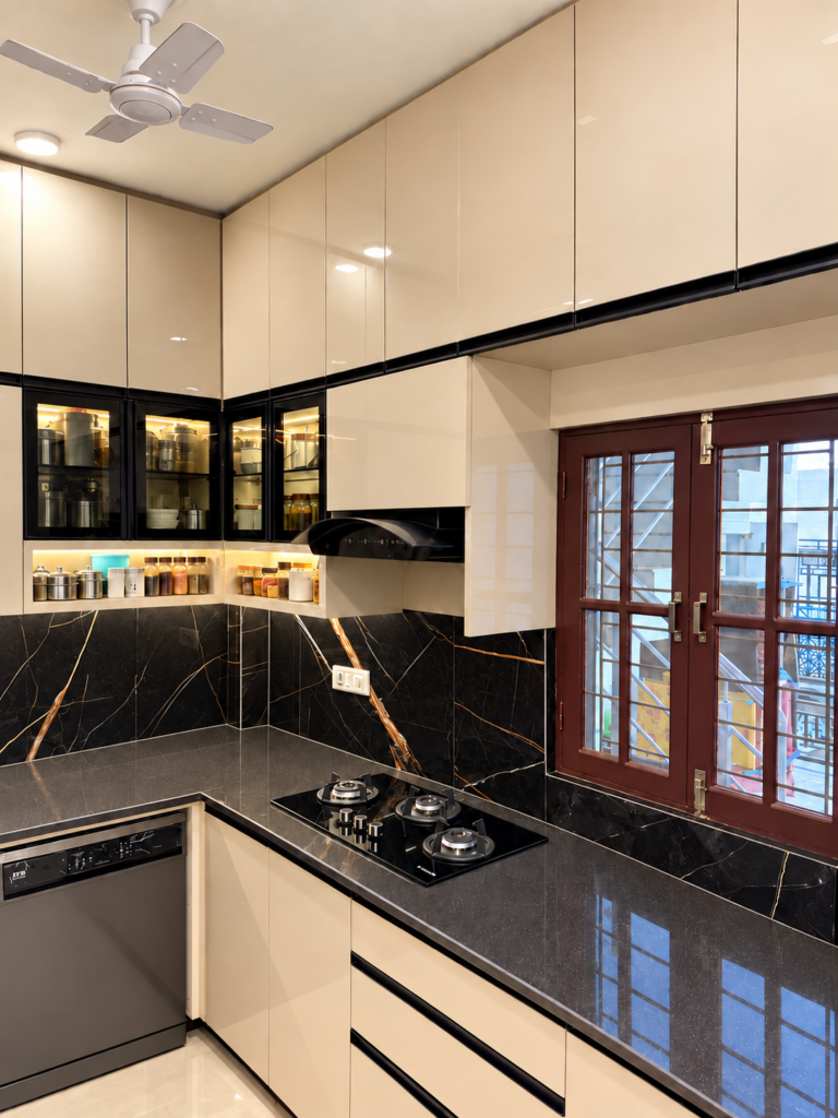 Modular kitchen with cream cabinets black countertop hob, Bijnor, Lucknow