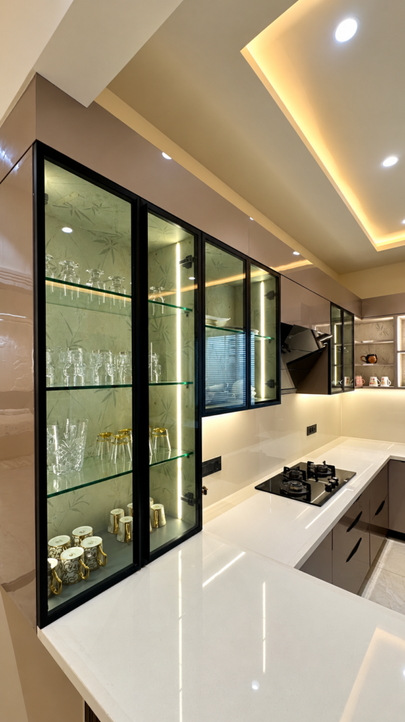 Modular kitchen with glass display cabinets, Sarojini Nagar, Lucknow