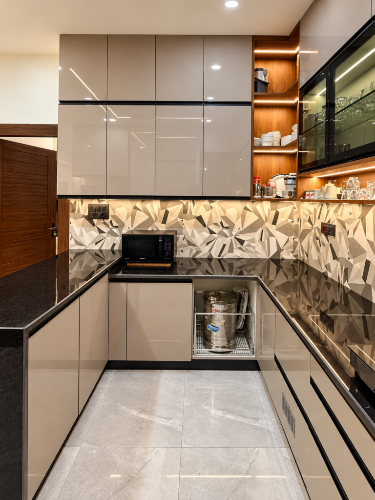 Modular kitchen with grey cabinets and patterned backsplash, Vijay Nagar, Lucknow