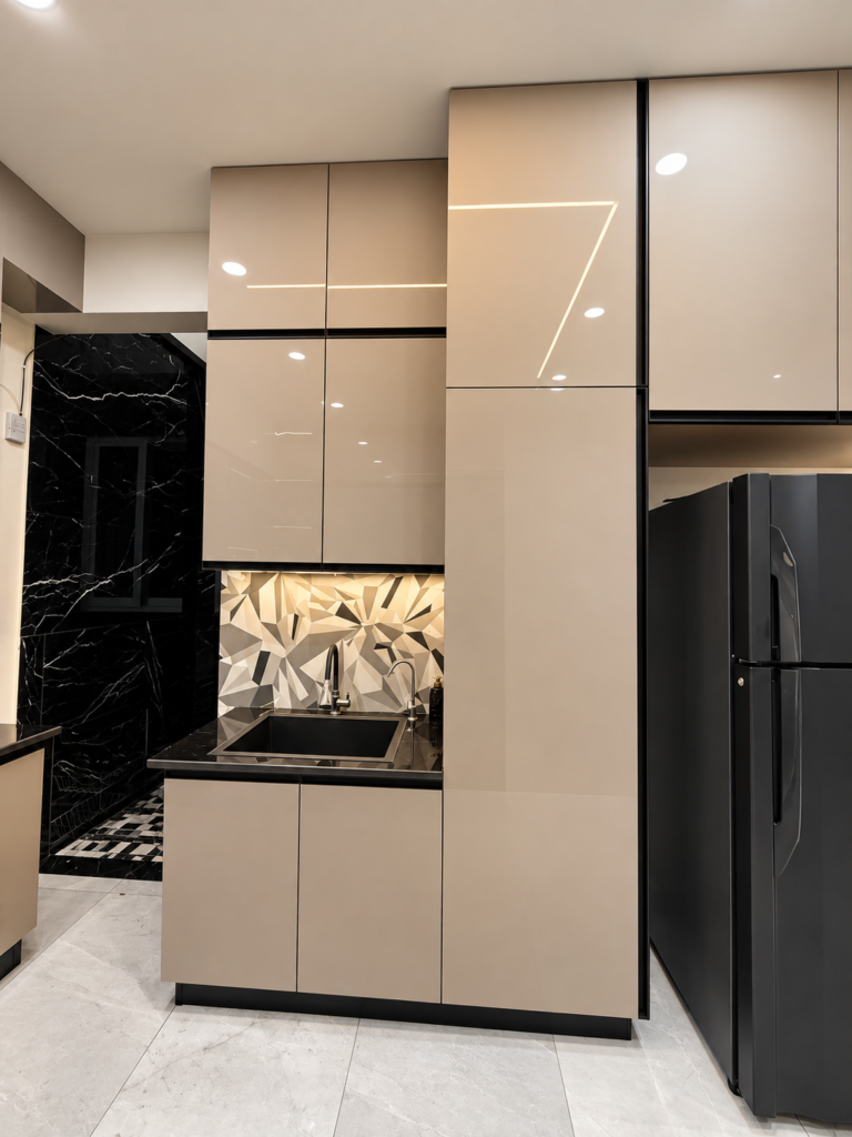 Modular kitchen with grey cabinets and built-in refrigerator, Vijay Nagar, Lucknow