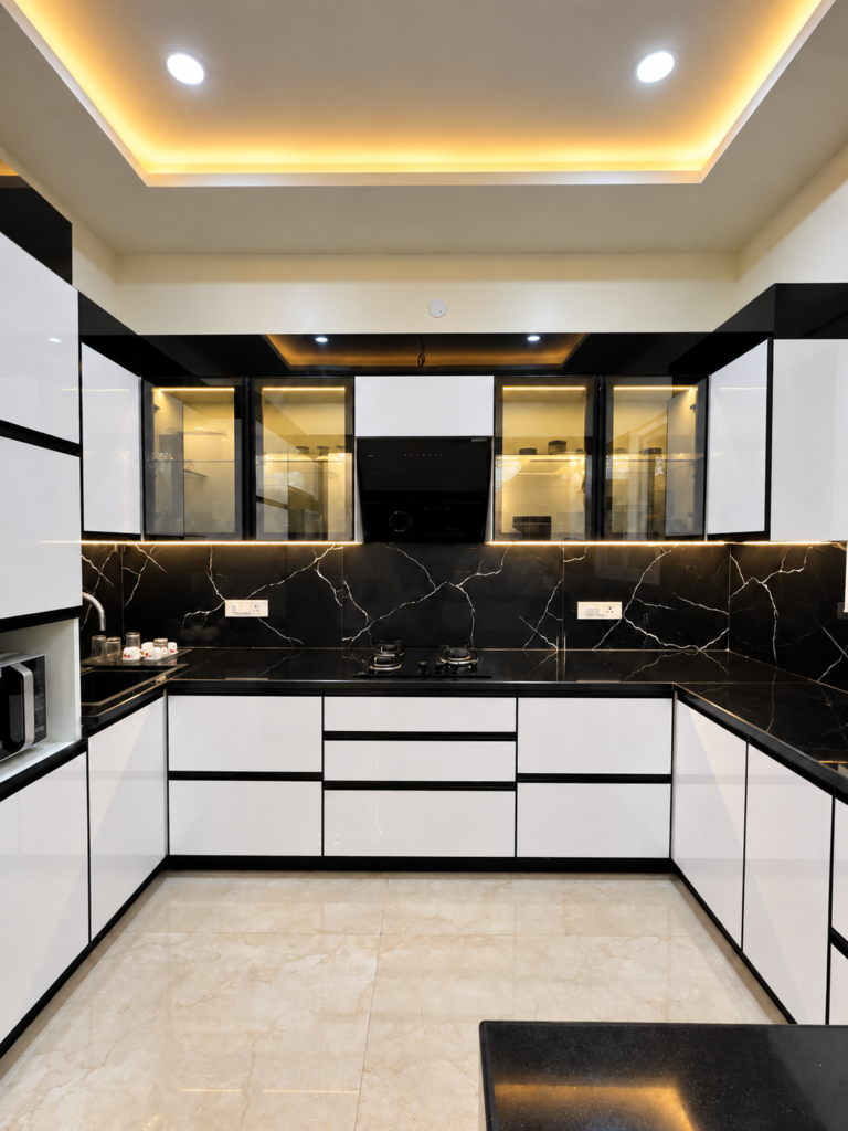Modular kitchen with L-shaped black backsplash, Hind Nagar, Kanpur Road, Lucknow