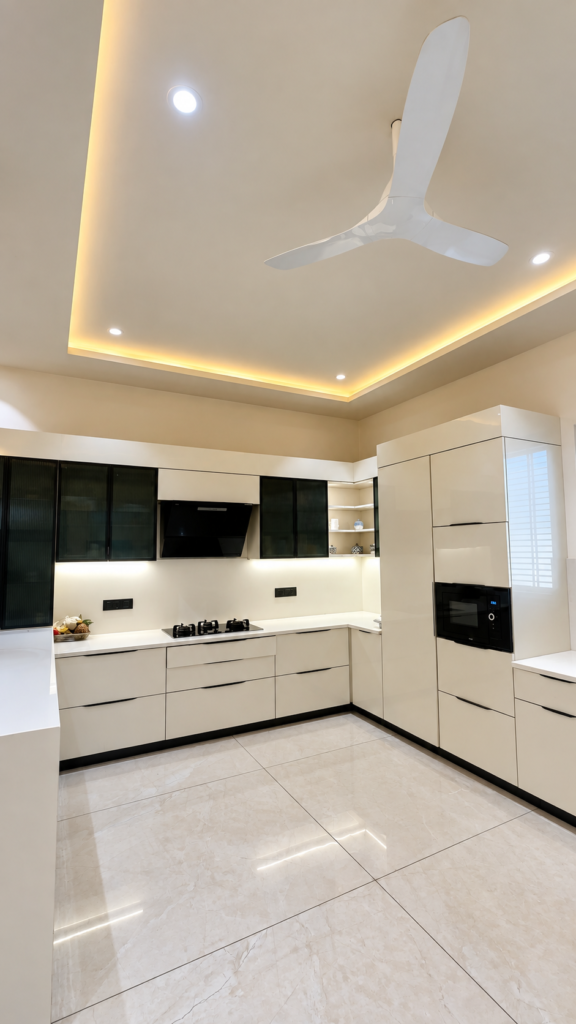 Modular kitchen with L-shaped white cabinets, Sarojini Nagar, Lucknow