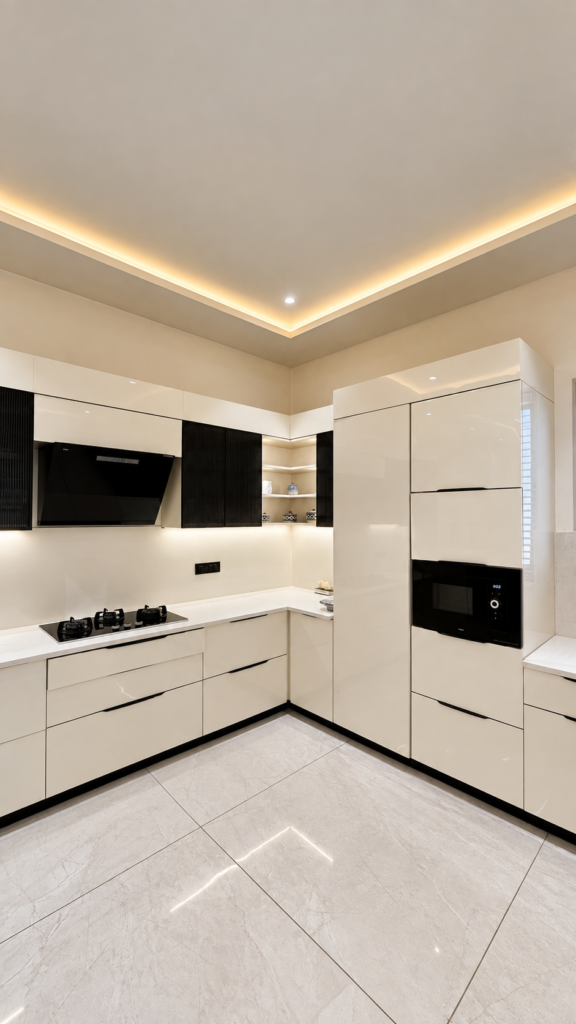 Modular kitchen with white cabinets black backsplash, Sarojini Nagar, Lucknow