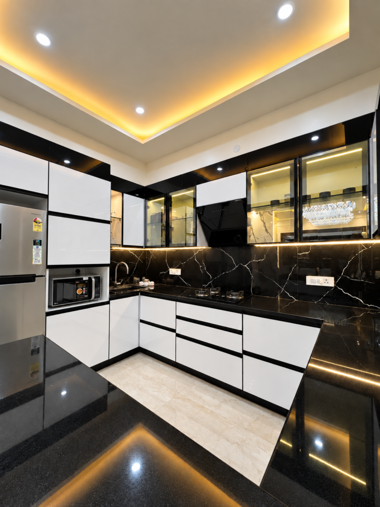Modular kitchen with white cabinets black stone, Hind Nagar, Kanpur Road, Lucknow