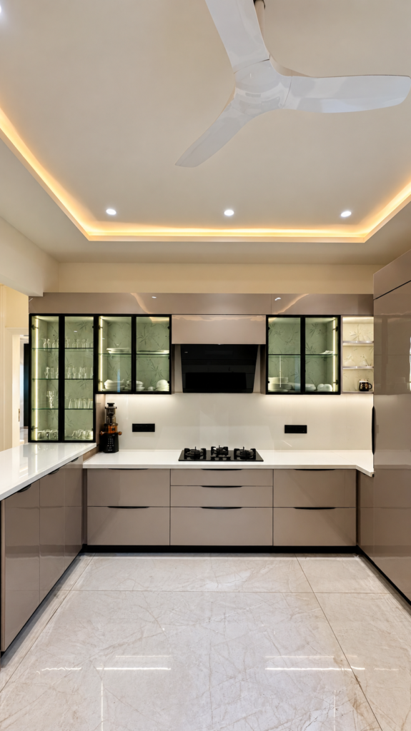 Modular kitchen with white cabinets front view, Sarojini Nagar, Lucknow
