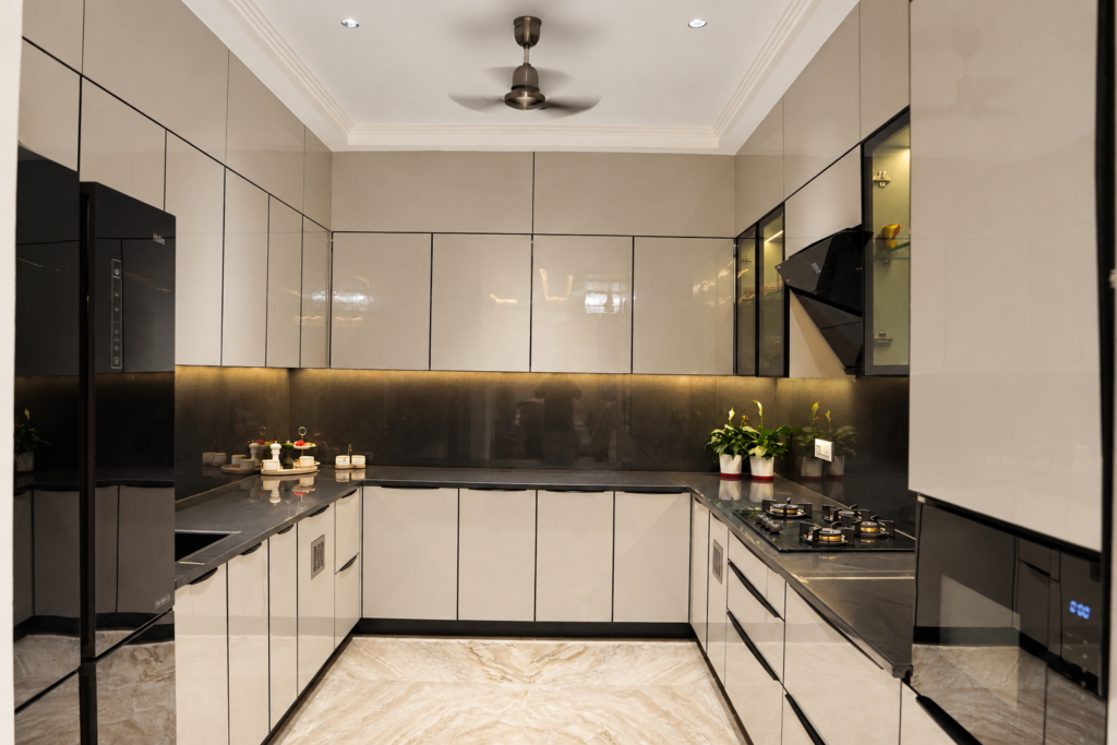 Modular kitchen with white cabinets wide, near CCS International Airport, Lucknow