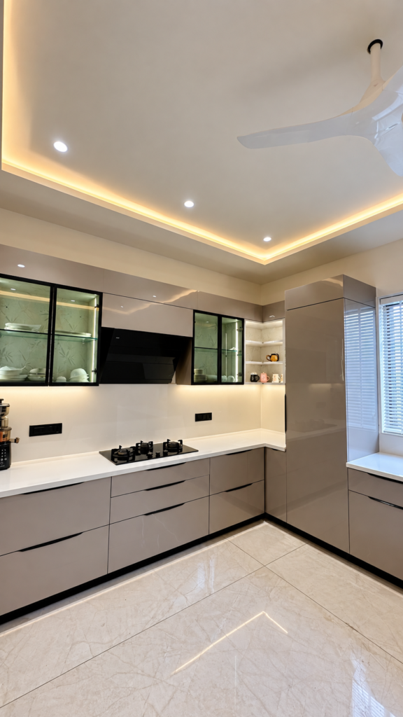 Modular kitchen with white cabinets window, Sarojini Nagar, Lucknow