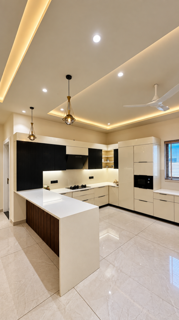 Modular kitchen with white island wide view, Sarojini Nagar, Lucknow