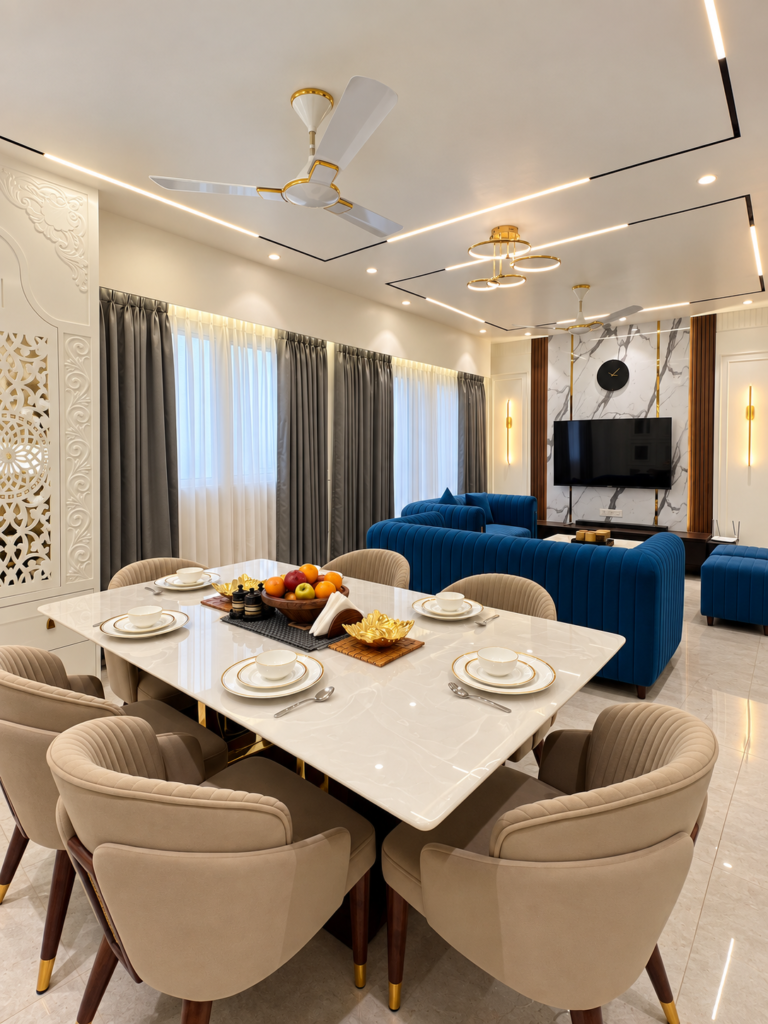 Open plan with dining living room blue sofas, Gomti Nagar, Lucknow