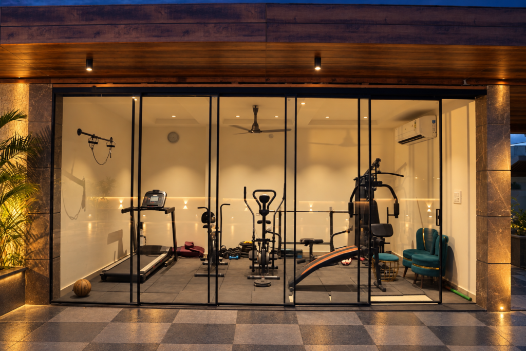 Rooftop gym with glass walls, near CCS International Airport, Lucknow