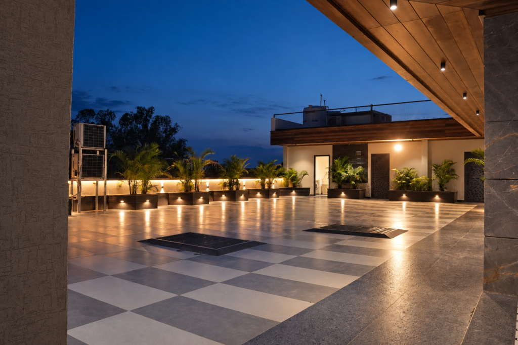 Rooftop terrace with checkerboard floor, near CCS International Airport, Lucknow