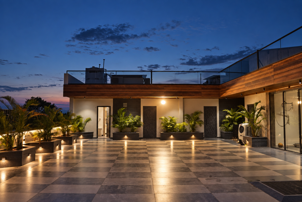 Rooftop terrace with evening view, near CCS International Airport, Lucknow