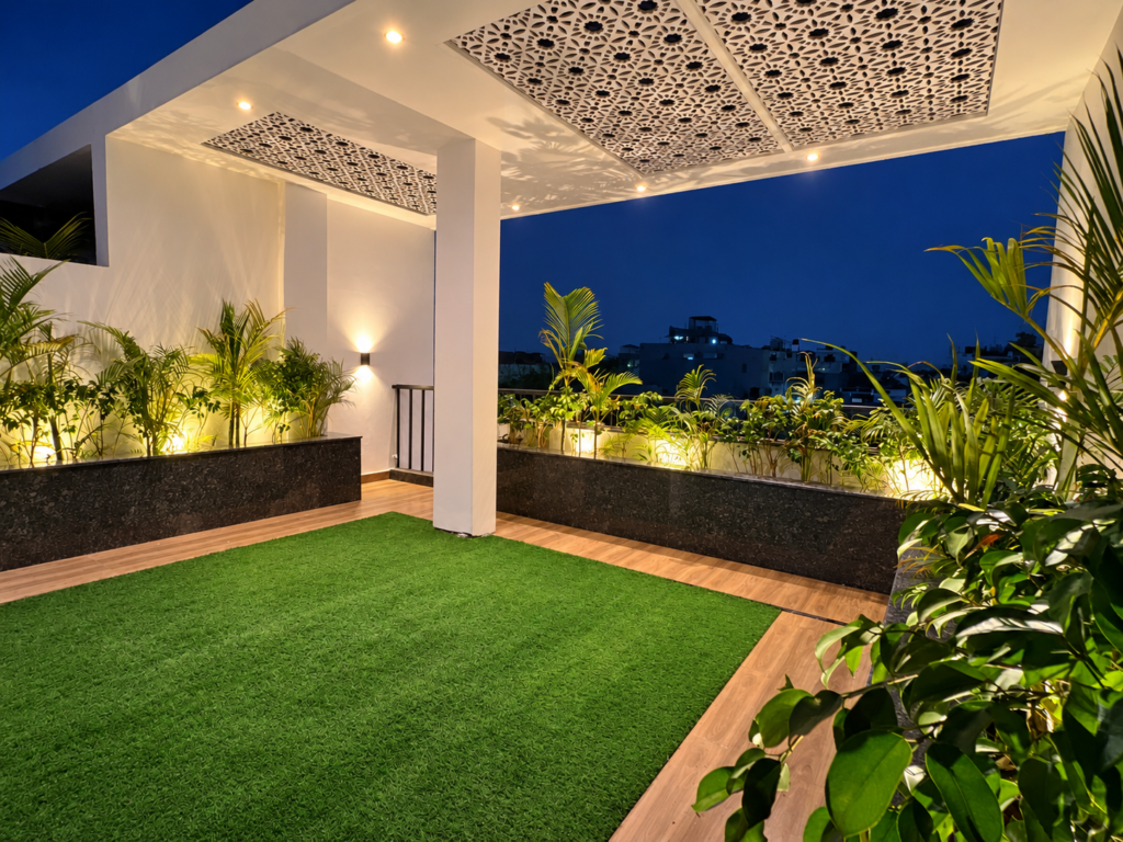 Rooftop terrace with green lawn planters, Hind Nagar, Kanpur Road, Lucknow
