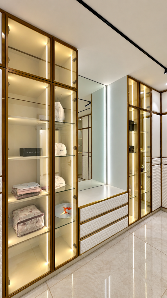 Walk in wardrobe with glass doors gold trim, Sarojini Nagar, Lucknow