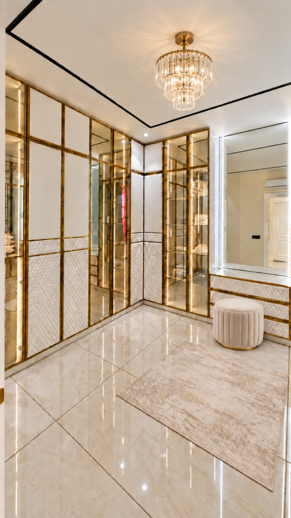 Walk in wardrobe with gold framed glass cabinets, Sarojini Nagar, Lucknow